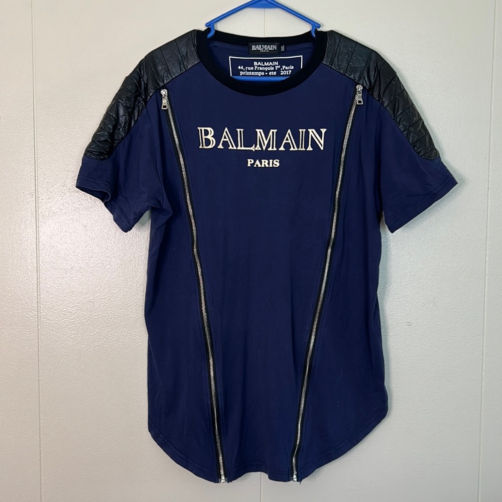 Balmain Paris Navy Blue Gold Zipper Shirt Faux Black Leather Accents Size XXL